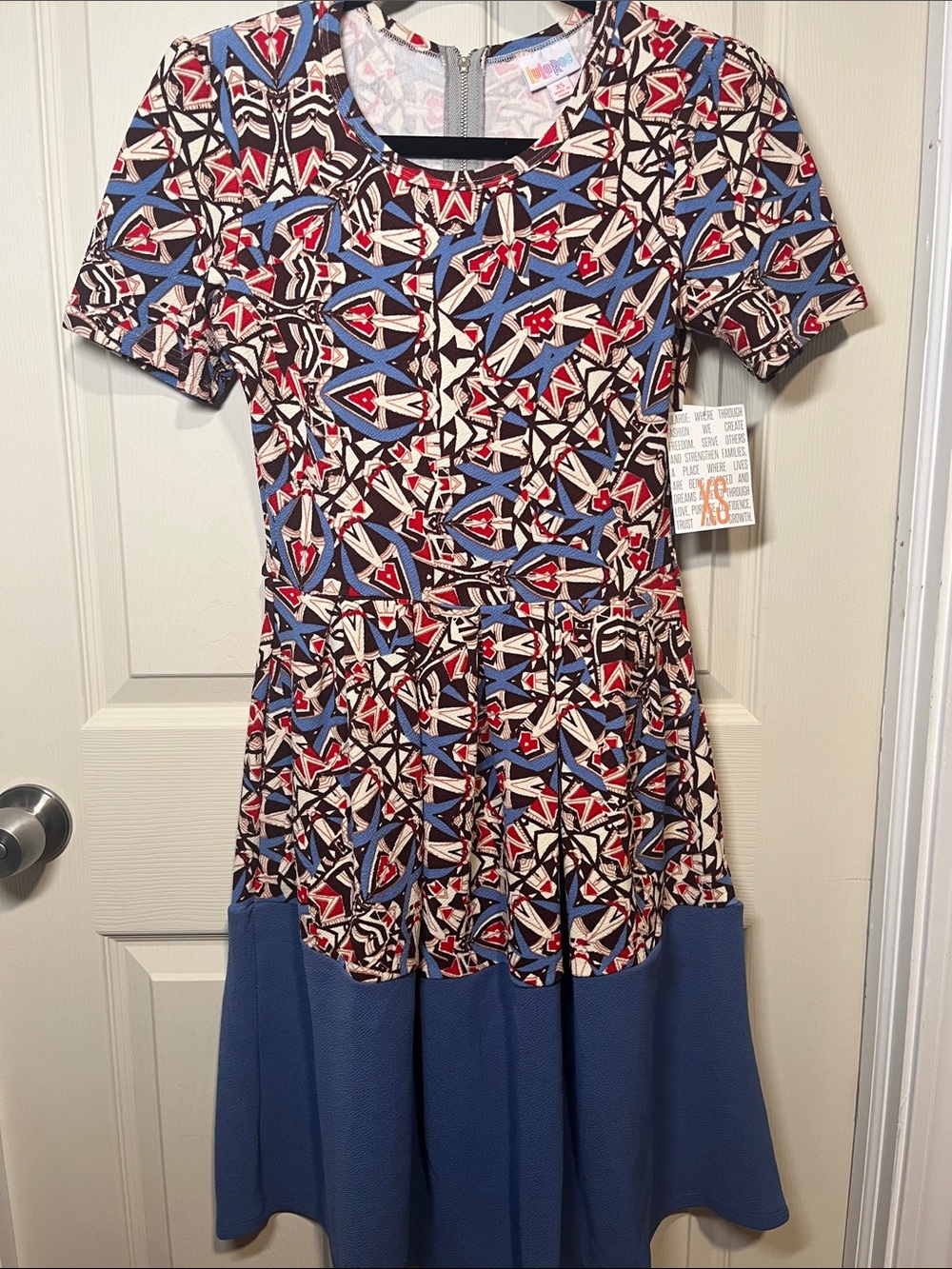 LuLaRoe Multicolor Geometric Fit & Flare Dress - Blue/Red/Cream/Black